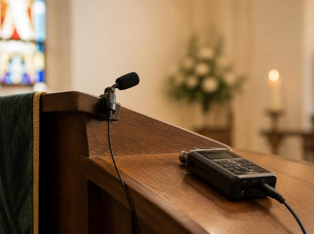 Discreet microphone clipped to a wooden lectern with a professional audio recorder