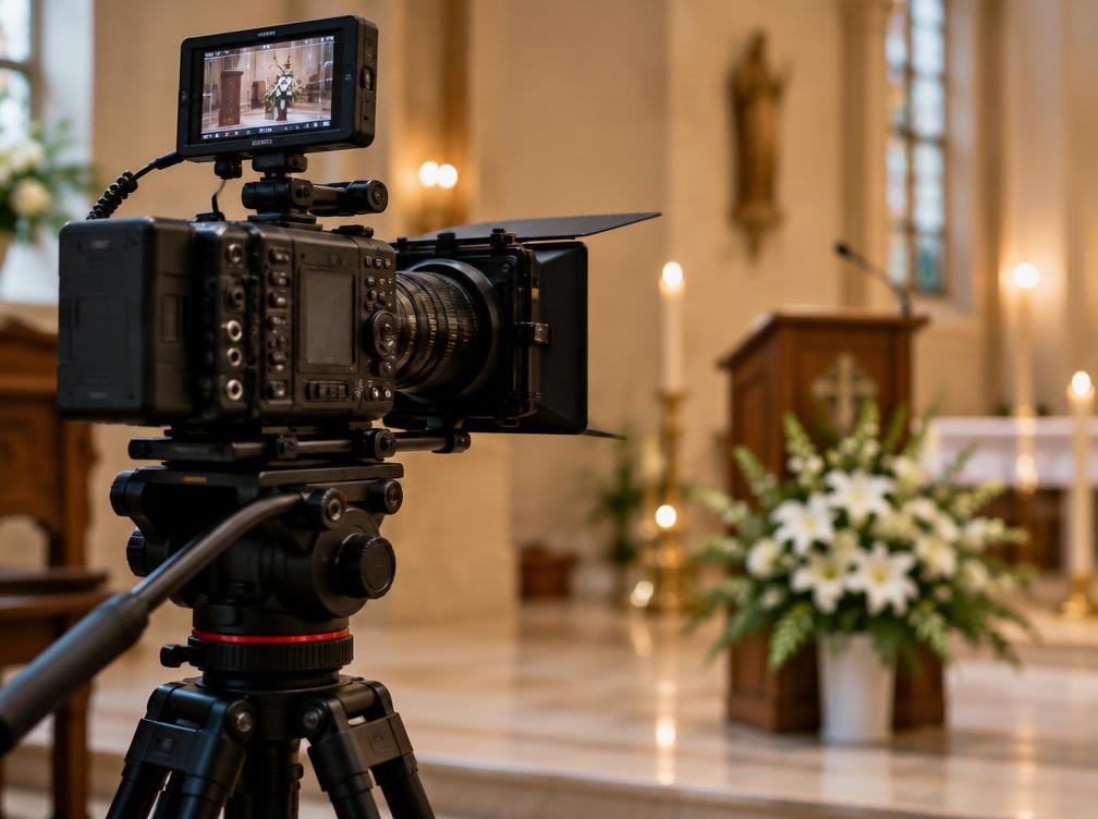 Professional cinema camera on a tripod facing a chapel lectern with white flowers
