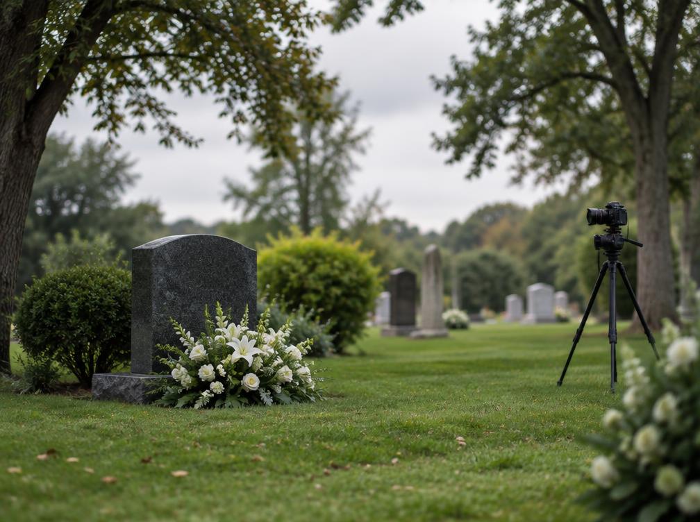 Graveside setting with a professional camera positioned respectfully at a distance