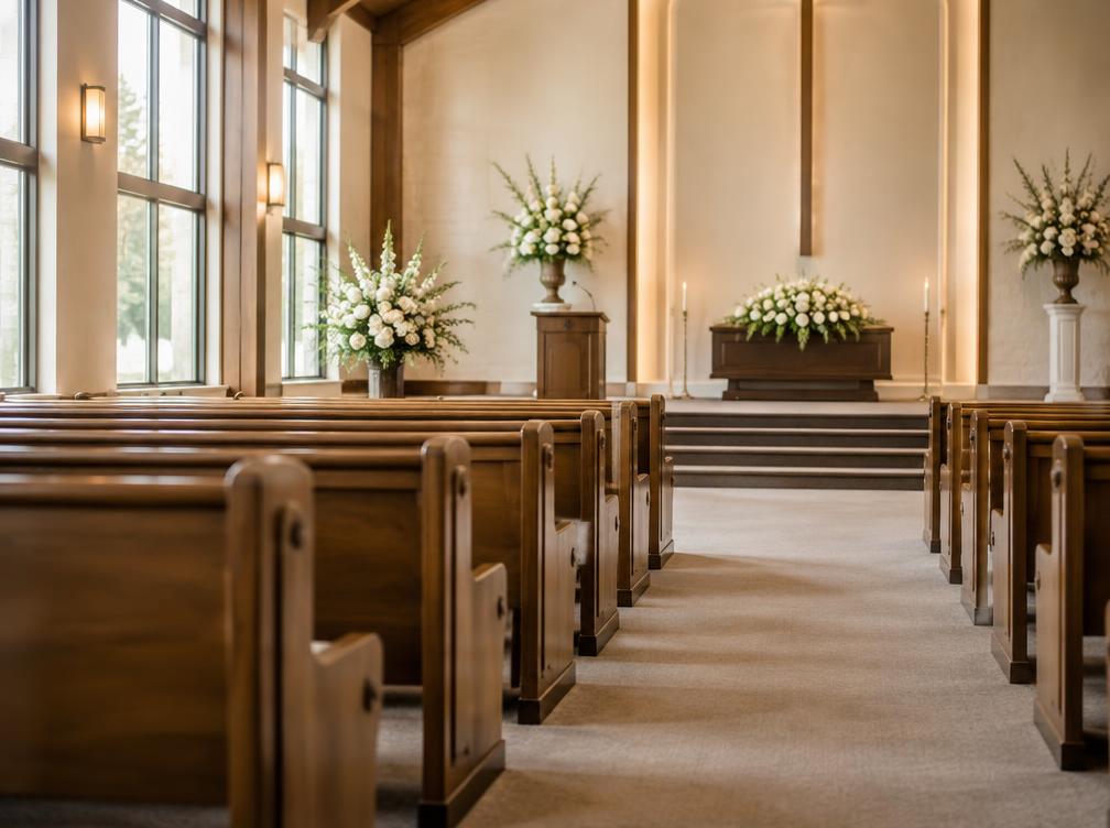 Empty memorial chapel with wooden pews and cream floral arrangements