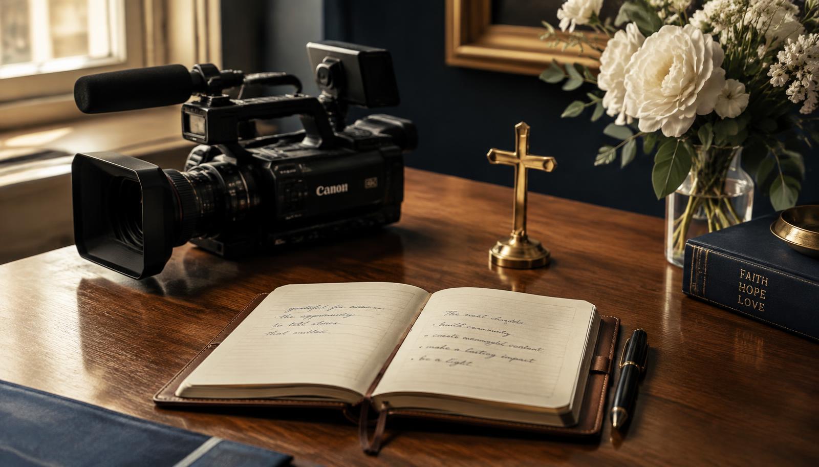 Professional video camera and open notebook on a wooden desk beside white flowers
