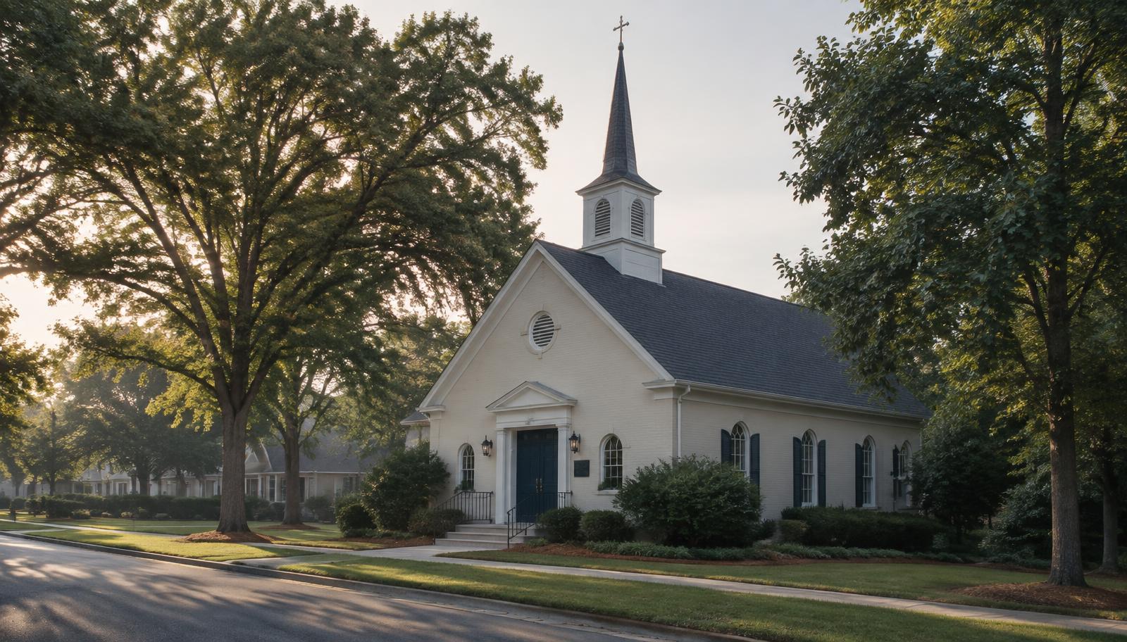 Quiet neighborhood church with a modest steeple in soft morning light