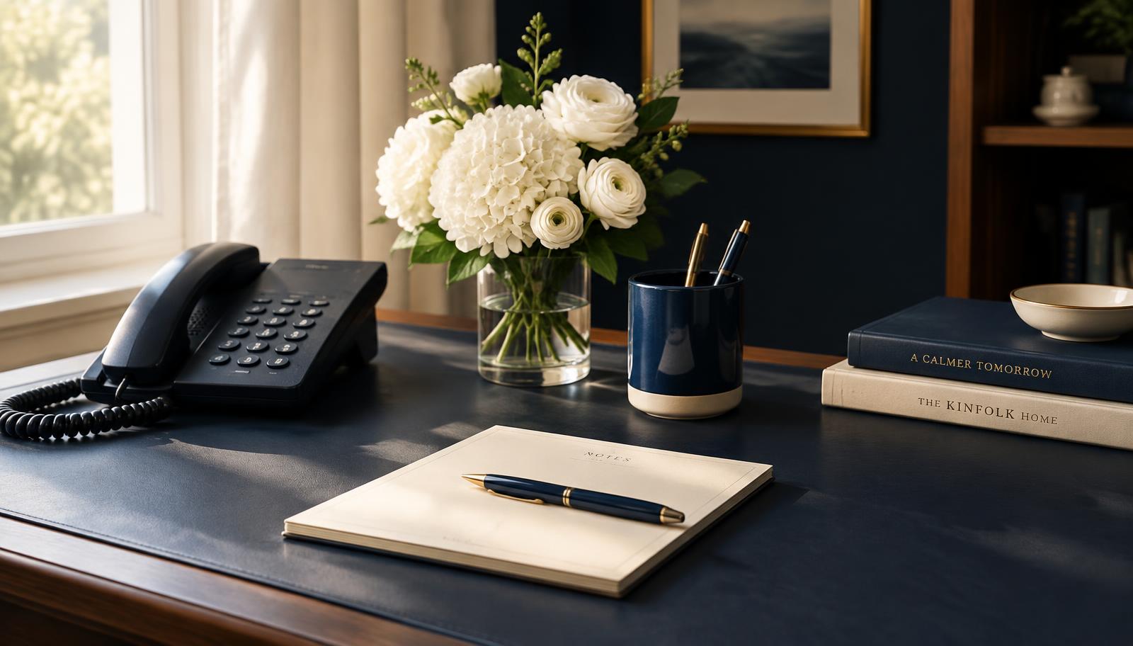 Calm desk with a telephone, notepad and white flowers in soft window light
