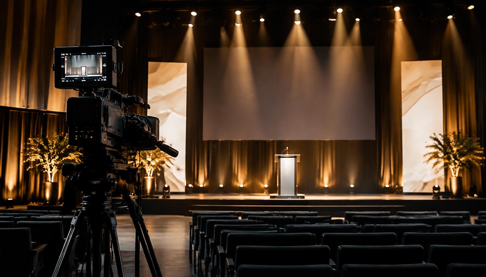 Professional cinema camera facing a warmly lit auditorium stage with a lectern