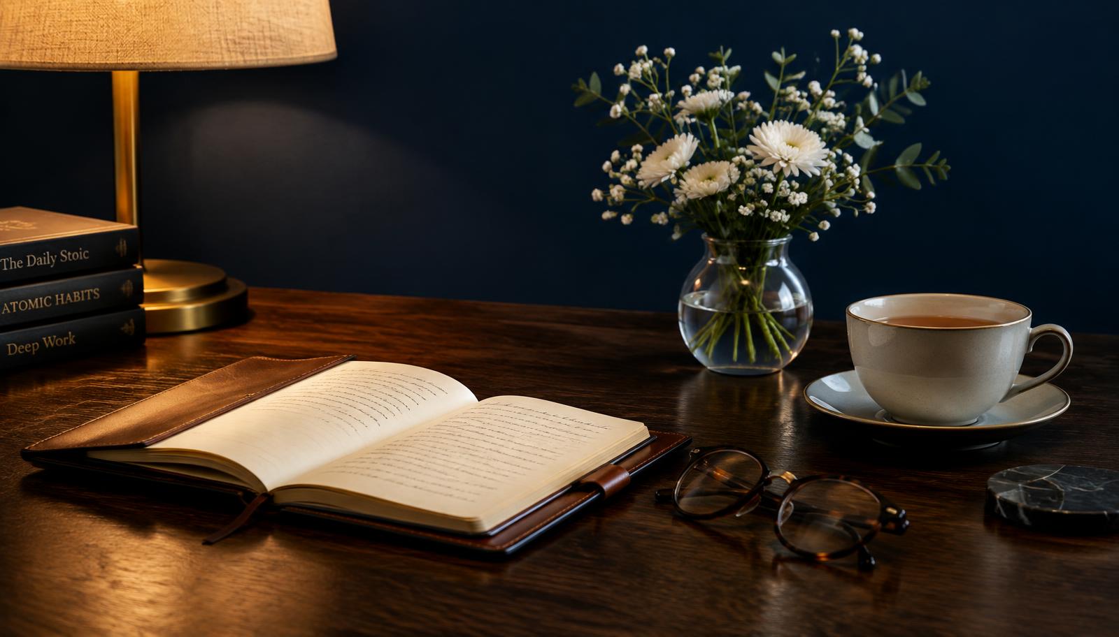 Quiet desk with an open notebook, reading glasses and white flowers under warm lamp light