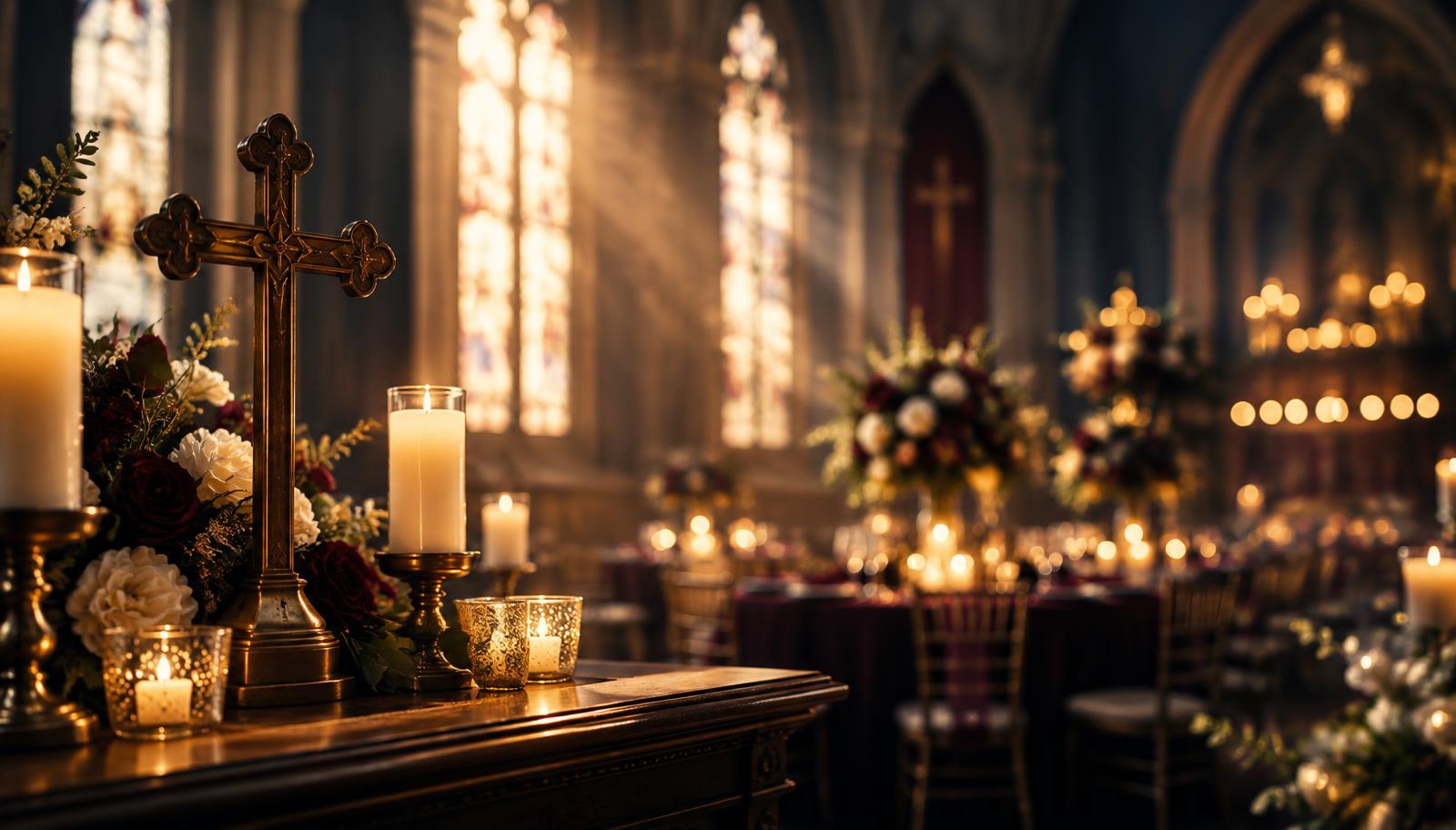 Soft golden light streaming through tall church windows with ivory candles glowing