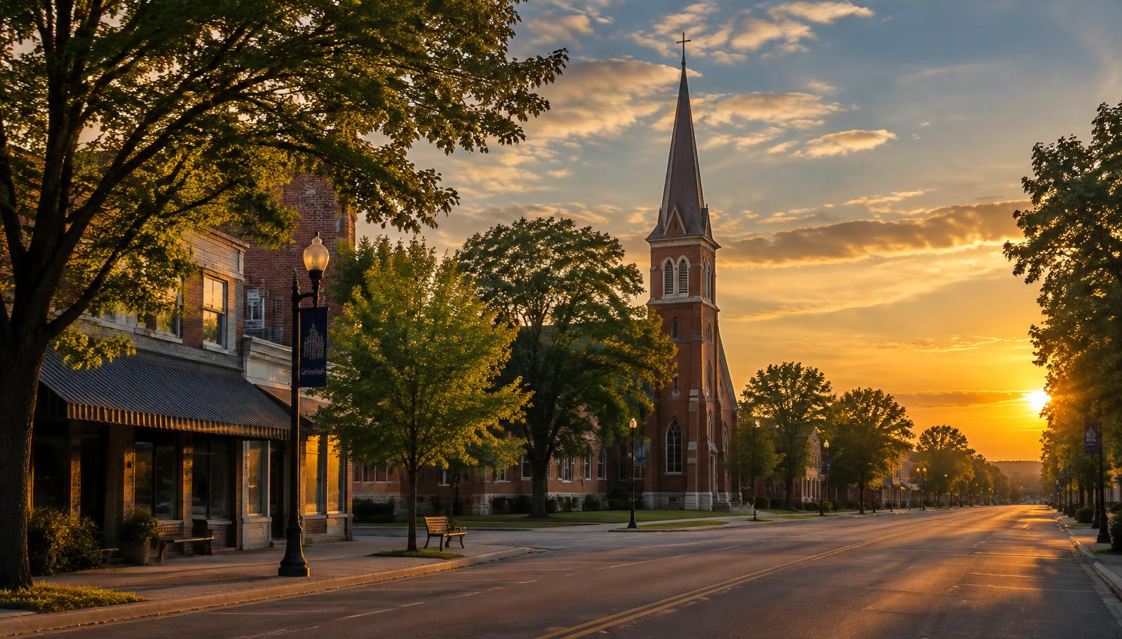 Southern Illinois main street with a historic church steeple at golden hour