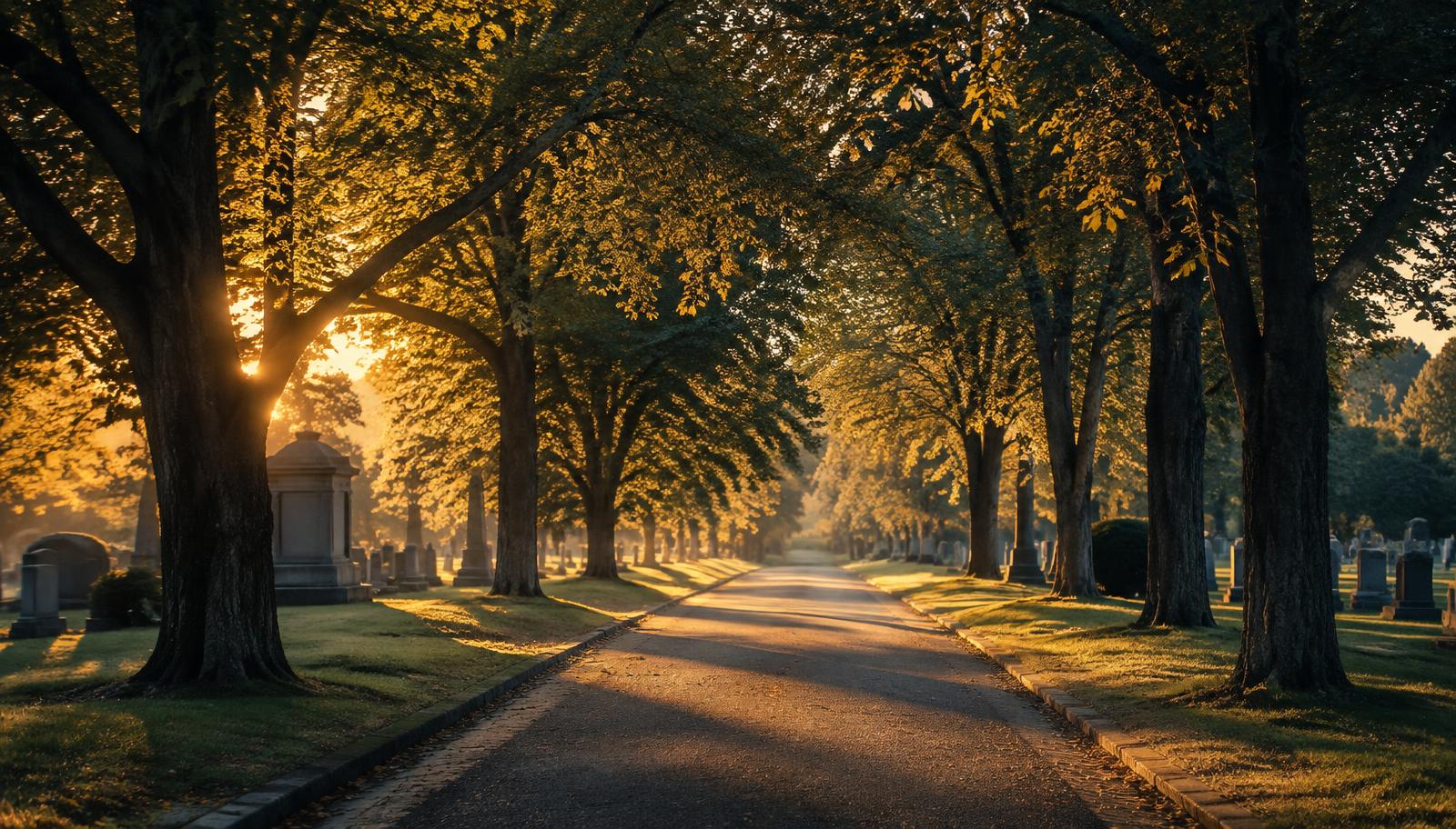 Tree-lined cemetery lane in warm golden-hour light