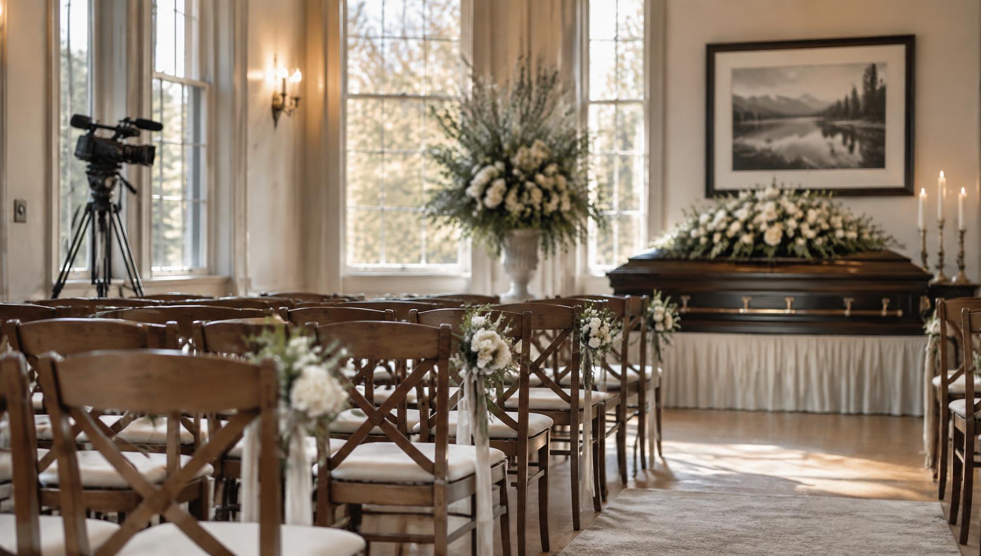 Sunlit memorial chapel with wooden chairs, white flowers and a discreet video camera