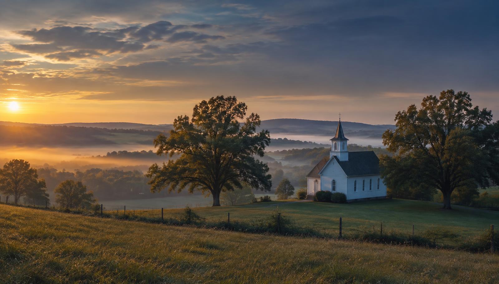 Missouri countryside at dawn with a small white country church