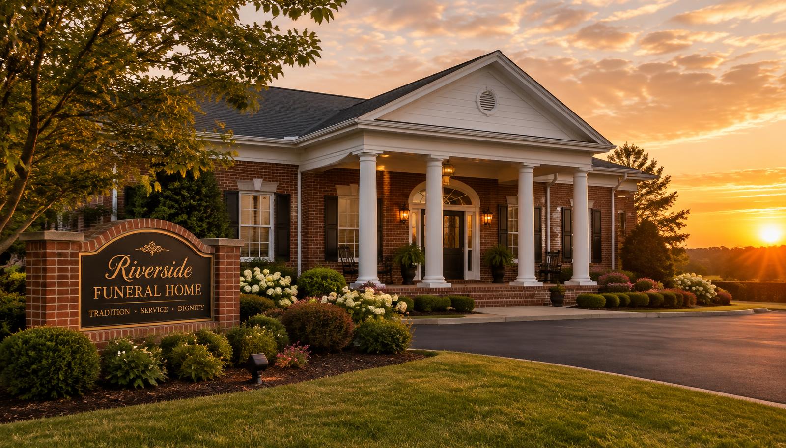 Classic brick funeral home with white columns at golden hour