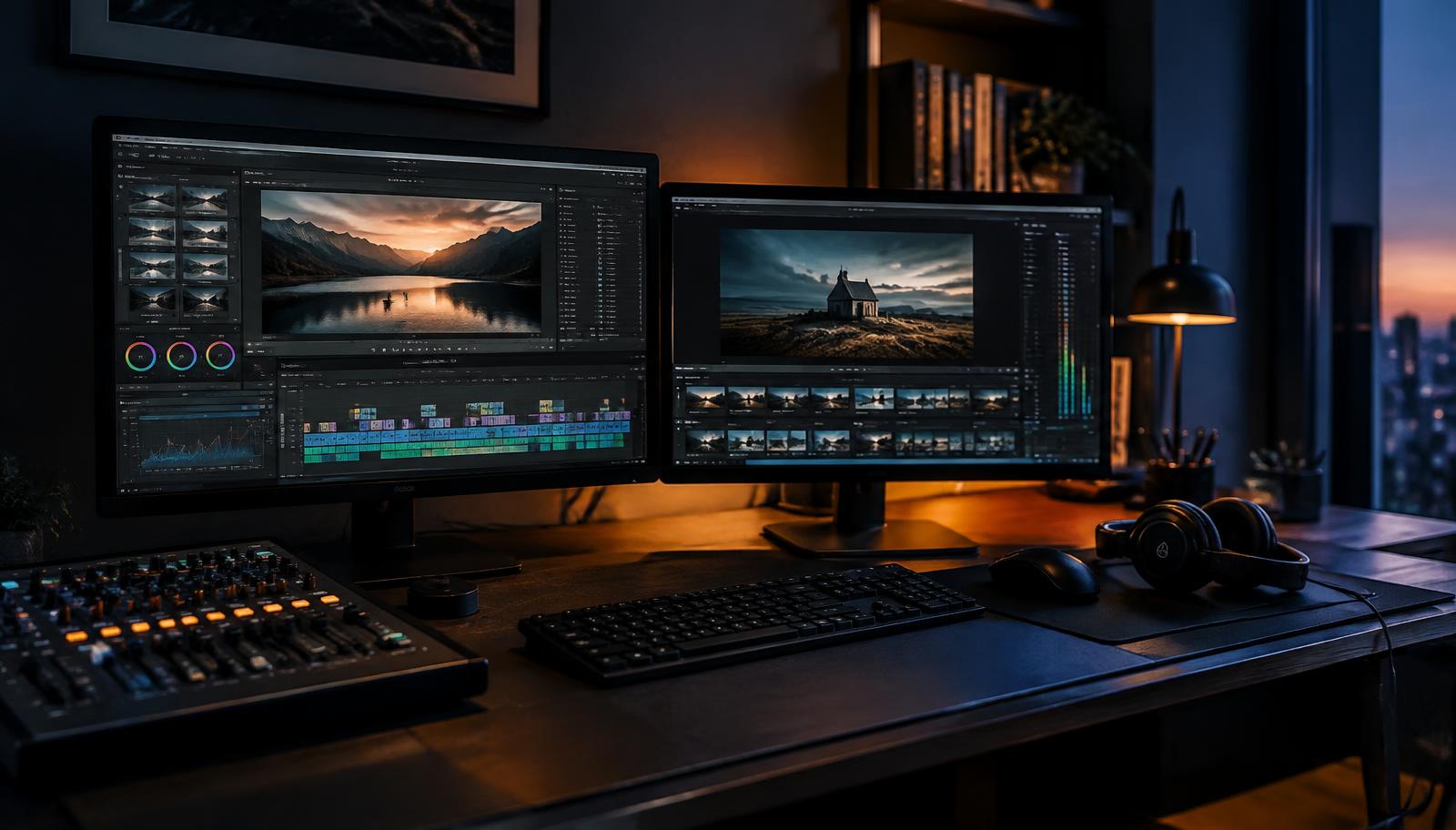 Video editing suite with two monitors showing cinematic footage timelines