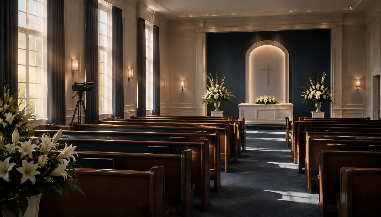 Sunlit funeral chapel with wooden pews, white lilies and a discreet video camera