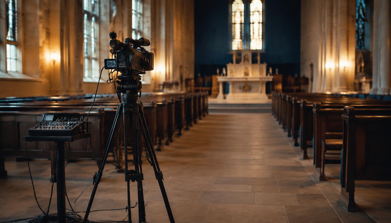 Professional video camera and audio mixer set up at the side of an empty church aisle