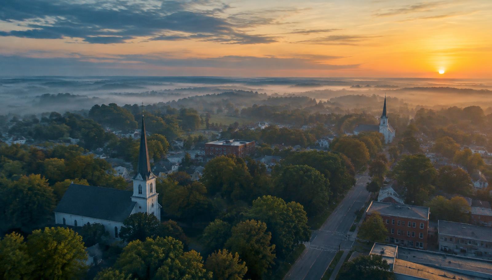 Aerial view of a quiet Midwestern town with church steeples at dawn