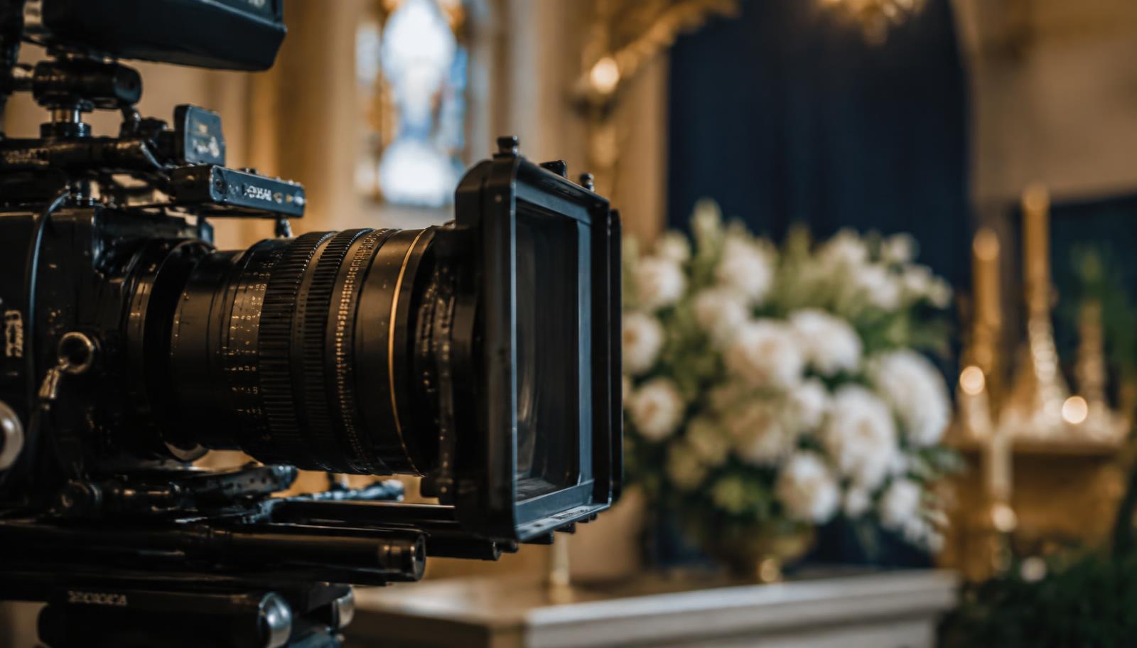 Professional cinema camera lens facing a softly blurred chapel with white flowers