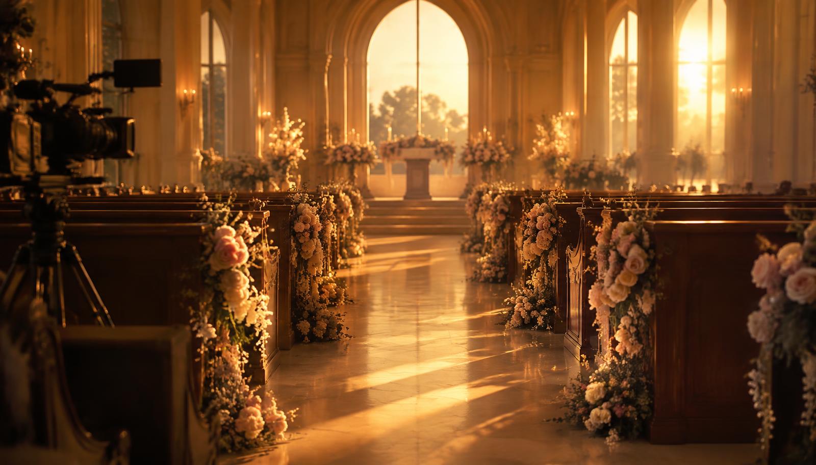 Elegant chapel aisle lined with cream and blush florals at golden hour