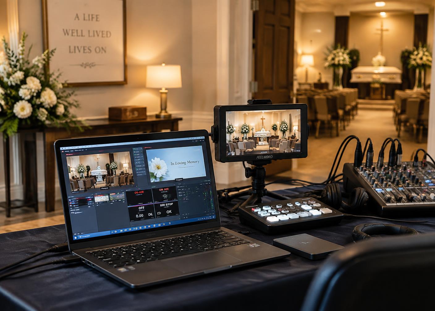 Professional livestream production workstation set up discreetly inside a funeral home chapel