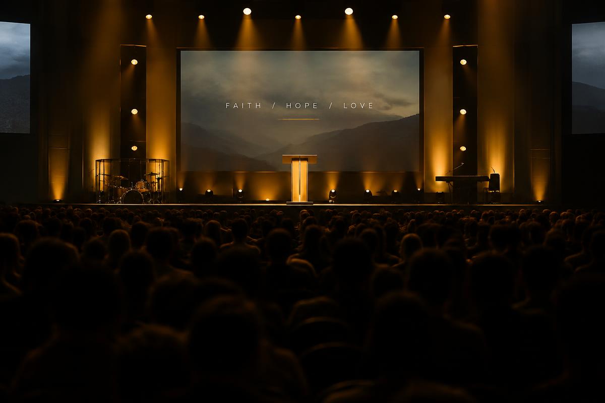 Church conference stage lit in warm gold seen from the back of a full auditorium