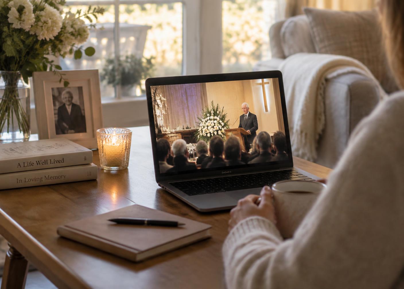 A laptop on a wooden table streaming a memorial service in a quiet, sunlit living room